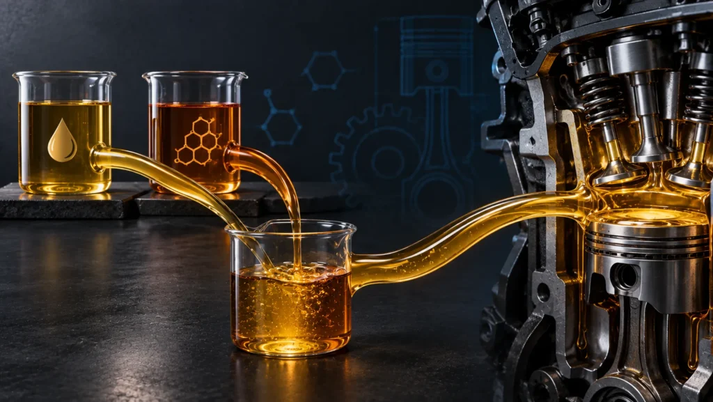 Base oils and additives combine to form finished motor oil