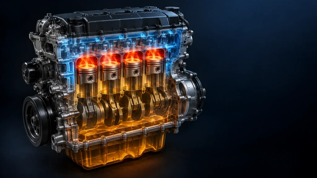 Simplified engine cutaway illustration showing combustion heat above the pistons, coolant around the cylinder head and oil in the crankcase and oil pan.