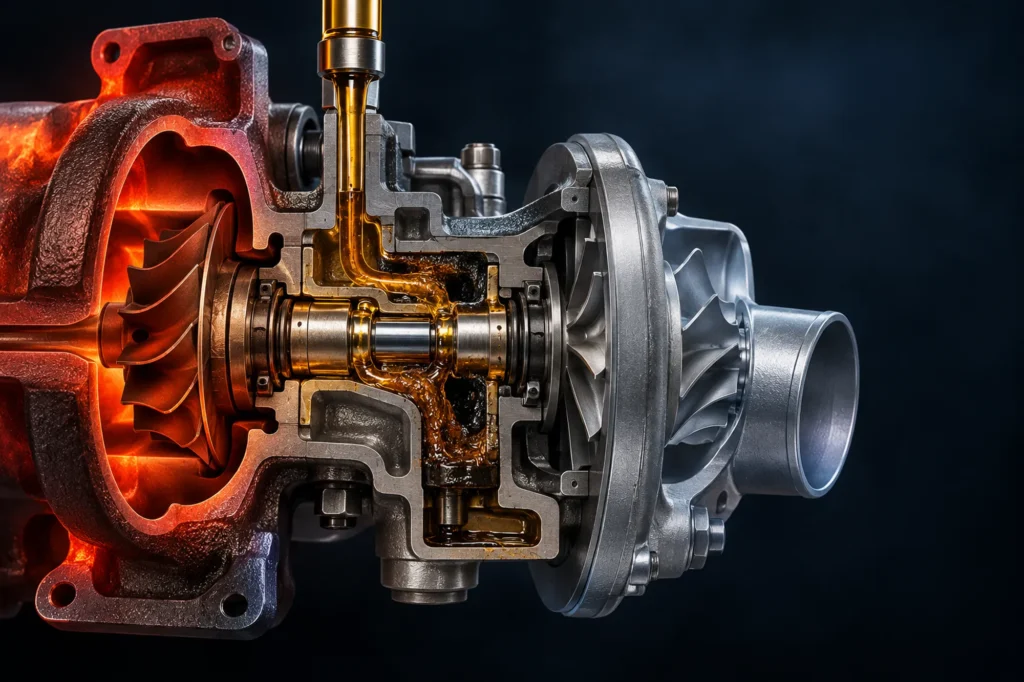 Cutaway illustration of a turbocharger showing hot exhaust-side components, oil supply flow and heat-related deposits in the center bearing housing.